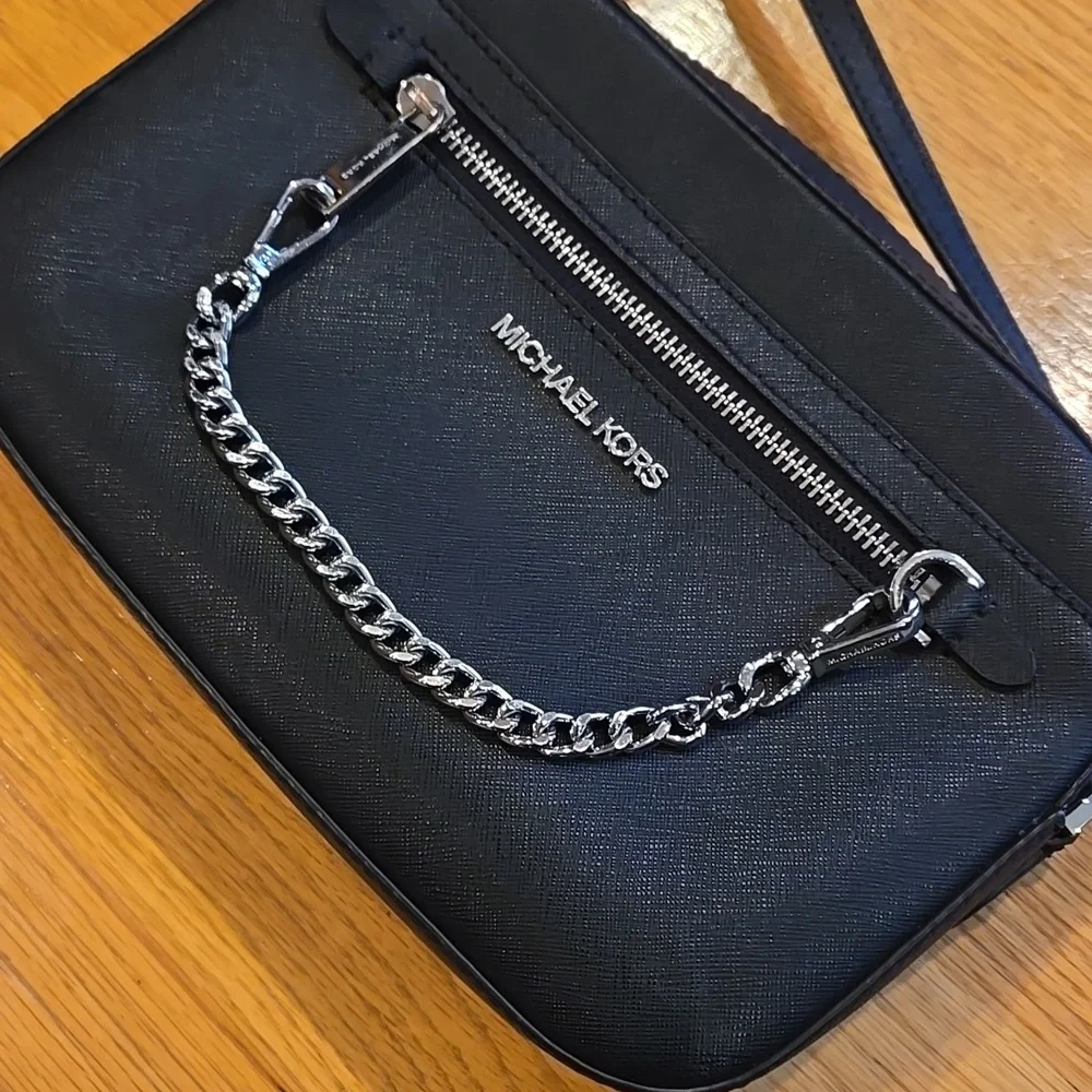Michael Kors Black Grossgrain Silver Chain Crossbody Purse